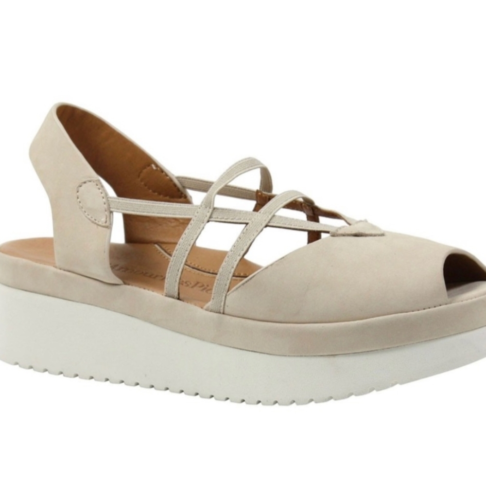 L'Amour Des Pieds Adelais Beige Wedge Peep Toe Sandals